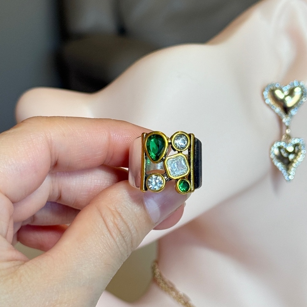 Silver and Gold Ring with Green and Clear Gems - Picture 6 of 7
